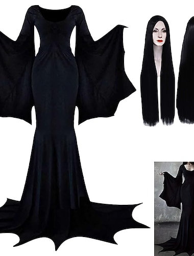  Família addams bruxa morticia addams vestido de halloween vestido adulto feminino punk&amp; festa gótica/noite halloween carnaval fantasias fáceis de halloween com peruca