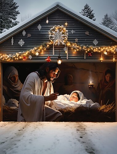  Decoração de porta de natal cena da natividade capa de porta de garagem ao ar livre banner de porta de natal festa grande mural de porta decoração de fundo para decoração de parede de casa de férias