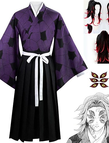  kokushibou cosplay jelmezek ideiglenes tetoválással démonölő: kimetsu no yaiba japán anime cosplay jelmezek kimonó öltönyök női férfiaknak parókával