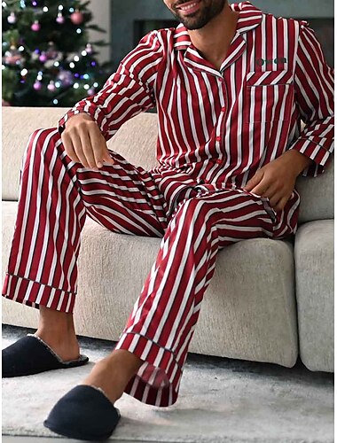  Herren Hausanzug Schlafanzüge Schlafanzug Set Pyjama-Oberteil und Hose 2 Stück Streifen Stilvoll Brautkleider schlicht Komfort Heim Täglich Bett Baumwollmischung Komfort Weich Kargen Langarm Hemd Hose