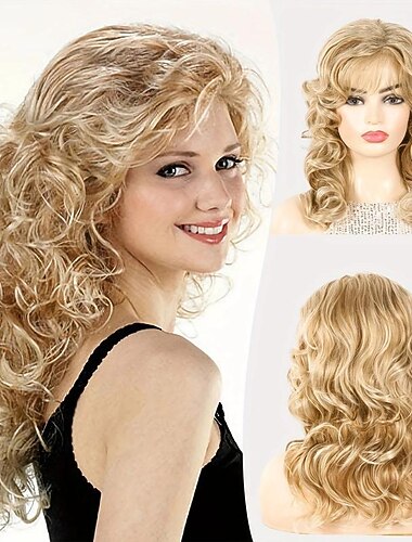  Blond 20 inch lang krullend golvend haar pruiken pluizig zacht haar pruiken met pony voor vrouwen synthetische vezelhaar pruiken