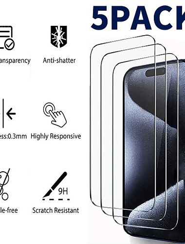  5 stuks Scherm Beschermer Voor Apple iPhone 16 iPhone 15 Pro Max 14 Plus 13 12 11 Pro Max Gehard Glas 9H-hardheid Anti-vingerafdrukken High-Definition (HD) Explosieveilige 3D Touch-compatibel