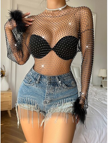  מַתַכתִי מדבקות עם נצנצים סקסי חולצה Sheer Mesh Rhinestone Cover Up דיסקו בגדי ריקוד נשים קרנבל מפלגה מועדונים מבוגרים עליון