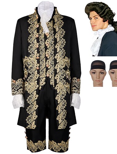 Conjunto con gabardina, pantalones, chaleco, cuello, mangas, peluca colonial, 2 gorros de peluca, trajes victorianos barrocos rococó, disfraz de cosplay para hombre, actuación de halloween, fiesta de