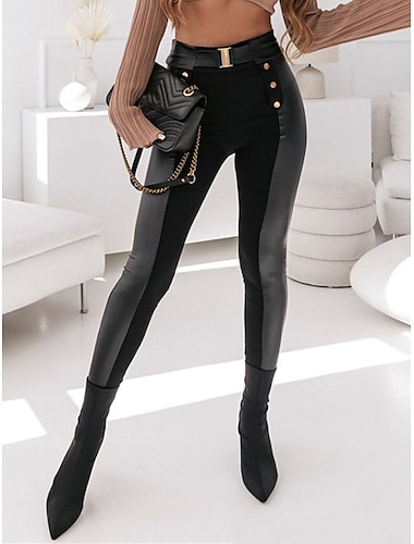 Mujer Delgado Pantalones de cuero Poliuretano Alta cintura Longitud total Negro Otoño