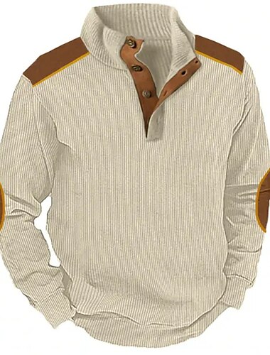  Men's Sweatshirt Khaki Standing Collar Color Block Patchwork Sports & Outdoor Daily Holiday Corduroy Streetwear Basic Casual Spring &  Fall Clothing Apparel Hoodies Sweatshirts