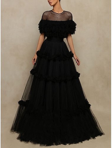  Robes de Prom A-Ligne Élégante Robe Formelle Longueur de Sol Manches Courtes Col Bijou Tulle avec Pli Volants 2025