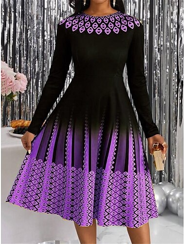  Damen Midi Kleid A-Linie Kleid Lässiges Kleid Winterkleid Schwingkleid Streetwear Anständig Formal Urlaub Party Reguläre Passform Geometrisch Farbblock Langarm Rundhalsausschnitt Gelb Rosa Blau Lila