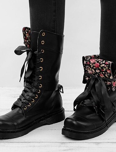  Damen-Kampfstiefel mit Schnürung und Umschlag, Blumenfutter und Schleifendetail – perfekt für Freizeitausflüge, Festivals und den Alltag