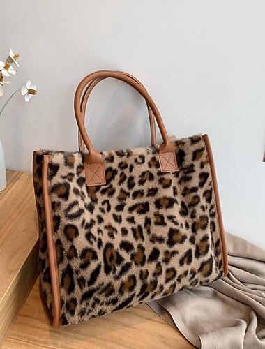  borsa tote da donna in pelliccia sintetica con stampa leopardata e manici in pelle marrone - elegante e spaziosa per l'uso quotidiano