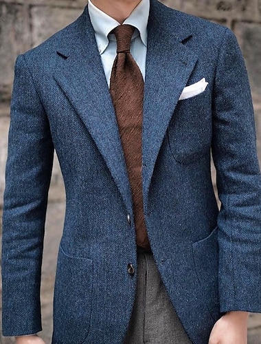  Herren-Retro-Vintage-Tweed-Blazer mit Fischgrätenmuster, normal, Übergröße, einreihig, zwei Knöpfe, Blau, 2024
