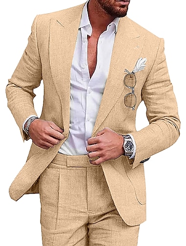  pánské lněné obleky plážové svatební letní obleky jednobarevné 2 kusy na míru bez knoflíků šampaňské béžové 2024