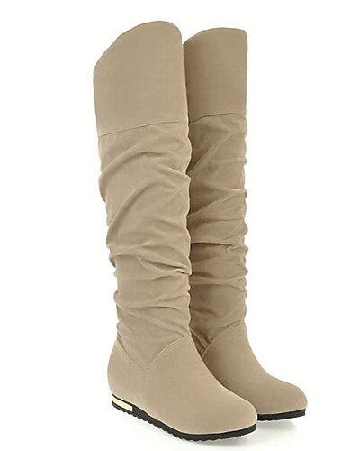  Lässige, flache Kniestiefel für Damen, Freizeitstiefel aus Wildlederimitat in mehreren Farben für Herbst und Winter