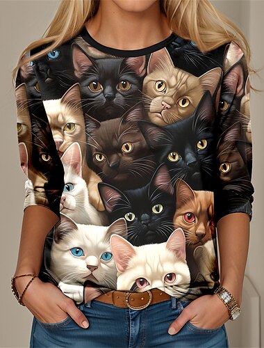  女性用 Tシャツ 猫 3D ファッション おかしい 長袖 ラウンドネック レギュラートップス 日常 週末 プリント ブラック ブルー 春 & 秋