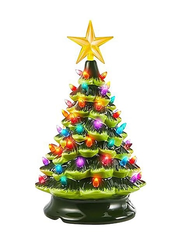  Árbol de Navidad de cerámica, decoración de mesa, luz led, decoración navideña vintage pintada a mano, 1 ud.