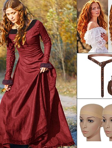  conjunto con vestido medieval pelucas rojas onduladas de agua largas bolsa para cinturón 2 gorros de peluca vestido vintage renacentista outlander vikingos tallas grandes disfraz de cosplay para
