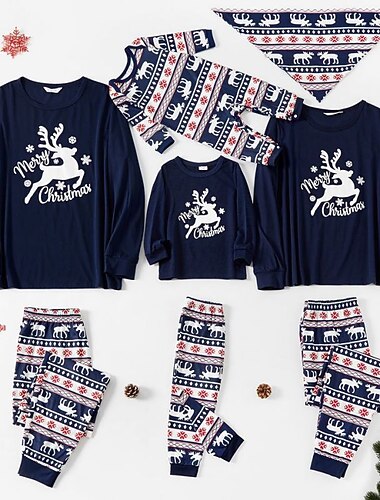 Family Christmas Pajamas Graphic Cartoon Striped Home Print Blue Long Sleeve Mommy And Me Outfits Active Matching Outfits   Family Christmas Pajamas Graphic Cartoon Striped Home Print Blue Long Sleeve Mommy And Me Outfits Active Matching Outfits