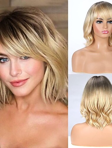  Blonde Echthaarmischung-Perücken für Damen und Damen, natürliche Ombre-Haar-Damenperücke, leicht/atmungsaktiv/dunkler Ansatz (Farbe R27)