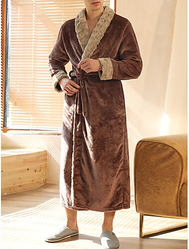  Hombre Pijamas Túnica Albornoces bata de baño 1 pcs Plano Elegante Casual Confort Hogar Diario Cama Vellón Comodidad Templado Escote en Pico Manga Larga Bolsillo Otoño Invierno Negro Azul Oscuro