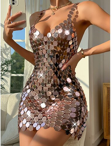  Metallisch Rückenfrei Glitzern Minikleid Disco Tiefer V-Ausschnitt Damen Party Club Pride Parade Erwachsene Kleid