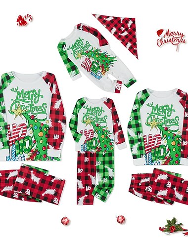  Familiestil Jul Pyjamas Bokstaver Juletre Hjem Grønn Langermet Mamma og meg antrekk Bedårende Matchende antrekk