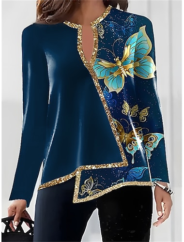  Pentru femei Cămașă Bluză Fluture Imprimeu Tiv Asimetric Casual Modă Manșon Lung În V Roz Îmbujorat Toamna iarna