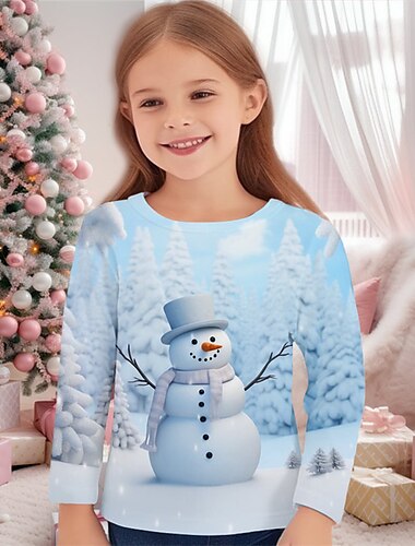  Mädchen 3D Schneemann T-Shirt Hemd Rosa Langarm 3D-Druck Herbst Winter Aktiv Modisch Kuschelig Polyester kinderkleidung 3-12 Jahre Rundhalsausschnitt Outdoor Casual Täglich Regular Fit