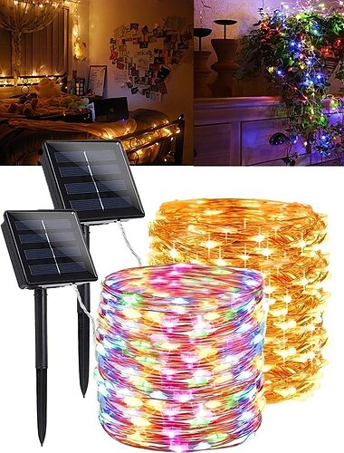  Cadena de luces solares para exteriores: luces de hadas de alambre de cobre a prueba de agua, 8 modos, alimentadas por energía solar para patios al aire libre, jardines, árboles, Navidad, bodas y decoración de fiestas de campamento