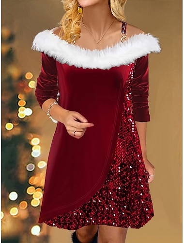  Mujer Vestido de terciopelo Vestido de Lentejuelas Vestido de Fiesta Terciopelo Lentejuelas Retazos Manga Larga Mini vestido Navidad Vacaciones Vino Invierno