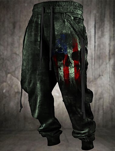  Totenkopf Motiv Amerikanische Flagge Punk Gothic Herren 3D-Druck Jogginghose Trainingshose Jogginghose Jogger Hosen Hose Outdoor Strasse Casual Polyester Blau Braun Grün S M L Mittlere Taillenlinie