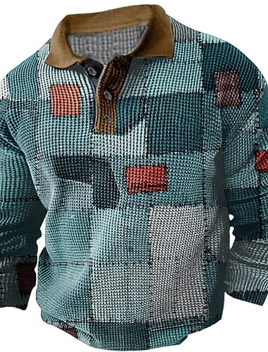  Herren Karomuster Golfshirt Langarm Polo-Shirts Hemden mit Kragen Vintage Lässig Urlaubskleidung Formelle Kleidung Festivalkleidung Knöpfe 3D-Druck Herbst Winter Blau Khaki Hellblau
