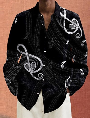  Herren Pano Keys Hemd Knopfhemd Langarm Lässig Alltagskleidung Ausgehen Wochenende Herbst Winter Umlegekragen Druck Button-Down Schwarz Weiß Burgunderrot