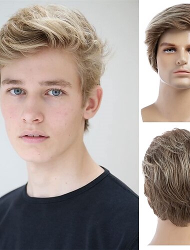  Parrucche bionde corte da uomo Parrucca bionda mista a strati corti parrucca sintetica sostitutiva costume di Halloween parrucche di capelli naturali