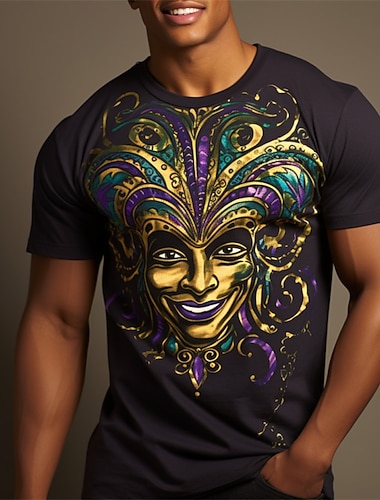  carnaval máscara gráfica mardi gras designer diário retro vintage masculino impressão 3d camiseta esportes ao ar livre feriado saindo camiseta roxo profundo preto roxo manga curta camisa de gola
