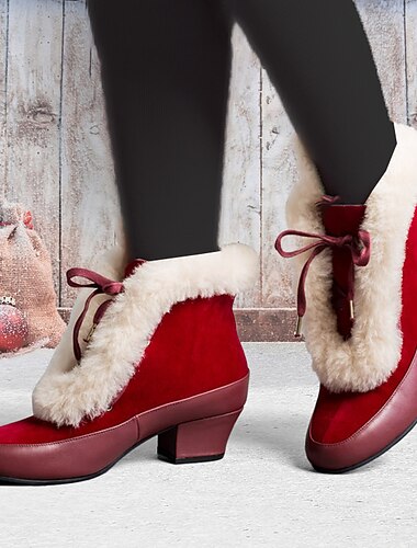  Botines de mujer de estilo retro con forro de piel roja y tacón de bloque: perfectos para las vacaciones de invierno y las celebraciones navideñas
