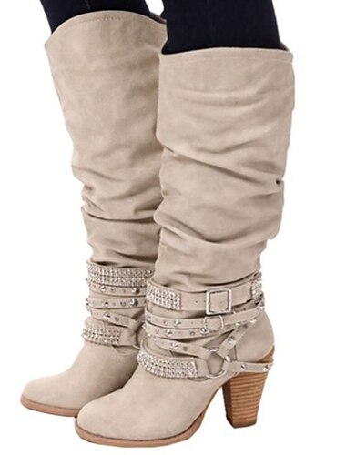  Beigefarbene, kniehohe Slouchy-Stiefel für Damen mit Schnallen- und Nietenakzenten, Vintage-Westernstil für die Freizeit im Herbst und Winter