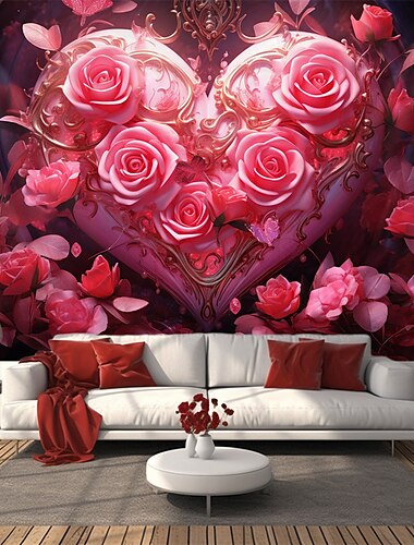  Tapiz colgante de corazón con rosas para el día de San Valentín, arte de pared, tapiz grande, decoración mural, fotografía, telón de fondo, manta, cortina, hogar, dormitorio, sala de estar