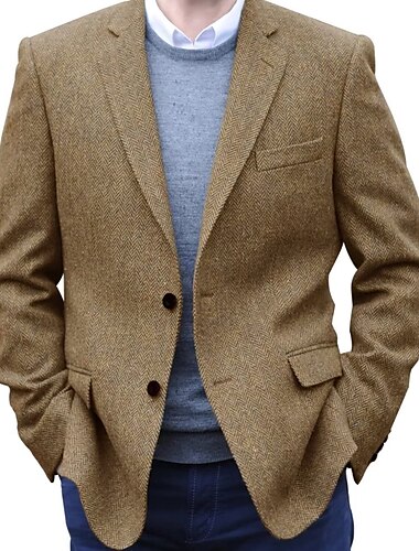  Herren-Retro-Vintage-Tweed-Blazer mit Fischgrätenmuster, normal, Übergröße, einreihig, zwei Knöpfe, Schwarz, Champagner, Rosa, Rot, 2024