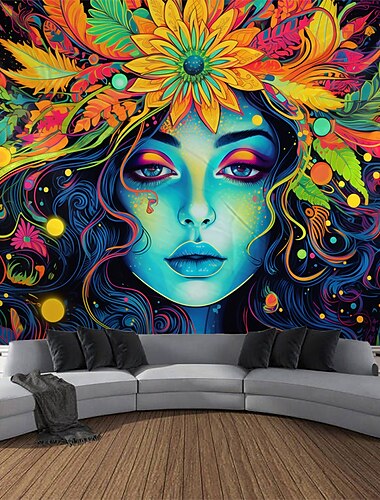  Schwarzlicht-Wandteppich, UV-reaktiv, leuchtet im Dunkeln, Cannabisblätter, Frau, trippy neblige Naturlandschaft, hängender Wandteppich, Wandkunst-Wandbild für Wohnzimmer, Schlafzimmer