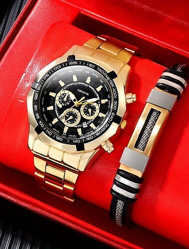  2 in 1 高級メンズ腕時計ブレスレットセットファッションカジュアルミリタリークォーツスポーツスチール腕時計メンズ時計ギフト