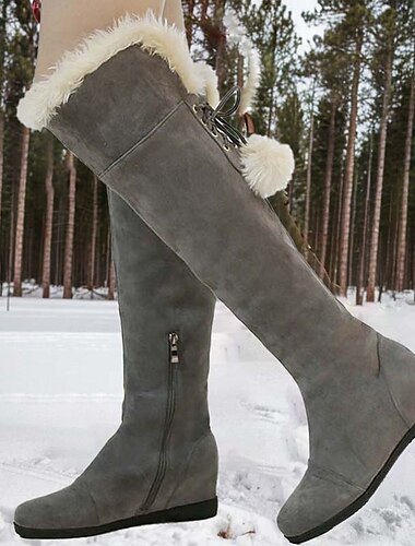  Botas de invierno grises por encima de la rodilla para mujer con ribete de piel sintética y tacón de cuña: calzado cálido y elegante para climas fríos