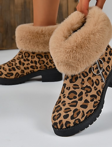  Women's Boots Plus Size Winter Boots Outdoor Daily Leopard Booties Ankle Boots Winter Block Heel Round Toe Plush Casual Comfort Faux Suede Zipper Leopard Black