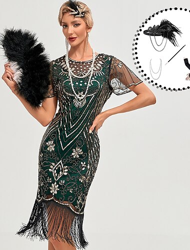 setit, joissa läppämekko höyhen pääpanta kaulakoru korvakorut hanskat tupakkapidike 6 kpl möly 20-luku 1920-luvun cocktailmekko naamiainen suuri gatsby-asut naisten asu joulujuhlat