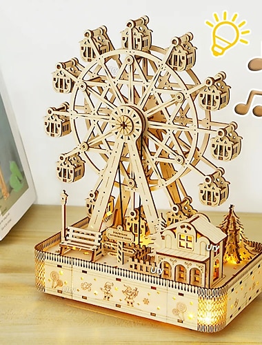  3D Wooden Puzzles Led Rotatable Ferris Wheel Music Octave Box Model Mechanical Kit Assembly Decor DIY Toy Gift for Kid Adult