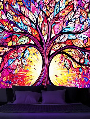  Tapisserie à lumière noire arbre de vie, réactive aux UV, lueur dans le noir, colorée, trippy, brumeux, paysage naturel, tapisserie murale à suspendre pour salon, chambre à coucher