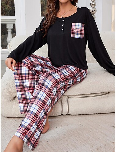  pyjamasset för kvinnor rutnät / pläd avslappnad komfort hemsäng som andas med rund hals långärmad t-shirt t-shirt byxknappficka höst vinter hemkläder