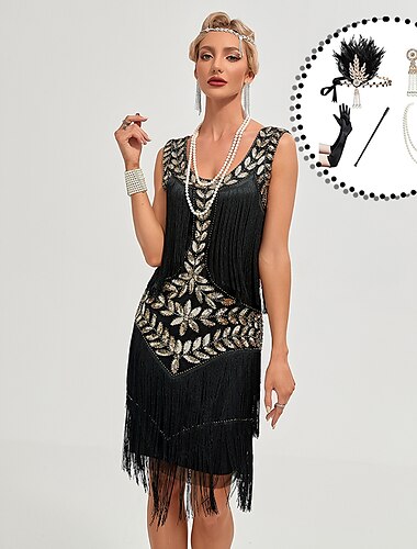  Sets mit Flapper-Kleid, Feder-Stirnband, Handschuhen, Halskette, 4 Stück, Roaring 20s, 1920er-Cocktailkleid, Maskerade, The Great Gatsby, Pailletten, Quaste, Fransen, Kostüme, Damenbekleidung,