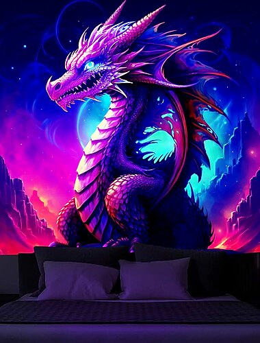  Tapisserie à lumière noire réactive aux UV qui brille dans le noir, décoration murale suspendue en forme de dragon brumeux et trippant, pour salon, chambre à coucher