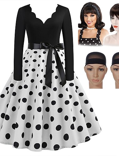  Conjunto con lunares, vestido vintage, peluca de pelo rizado de colmena, 2 gorros de peluca, 4 piezas, vestido de té retro vintage de los años 50, vestido de corte A, vestido rockabilly acampanado,