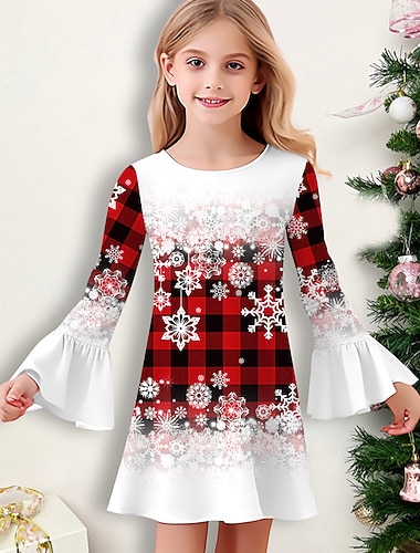  Mädchen' 3D Plaid Schneeflocke Schneeflockenkleid Rüschenkleid Langarm 3D-Druck Herbst Winter Urlaub Sport & Natur Täglich Kuschelig Brautkleider schlicht Schön kinderkleidung 3-12 Jahre Casual kleid